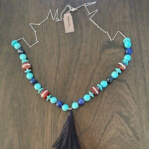 J. Jill Turquoise and Navy Beaded Necklace with Black Tassel